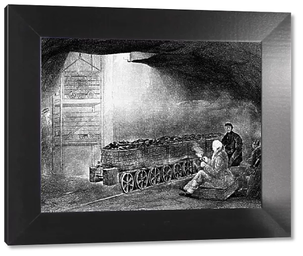 Bottom of a pit shaft in a coal mine with a train of loaded wagons, 1860