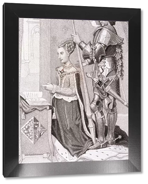 View of royalty kneeling accompanied by an armoured knight, 1796. Artist: A Birrell