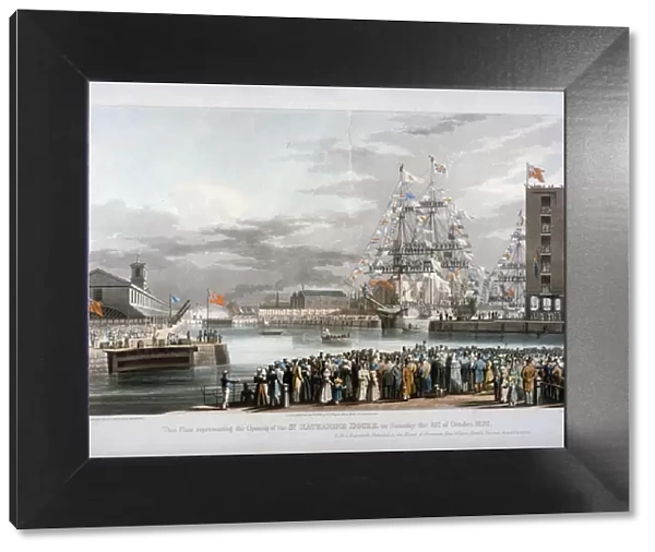 The opening of St Katharines Dock, London, 1828. Artist: E Duncan