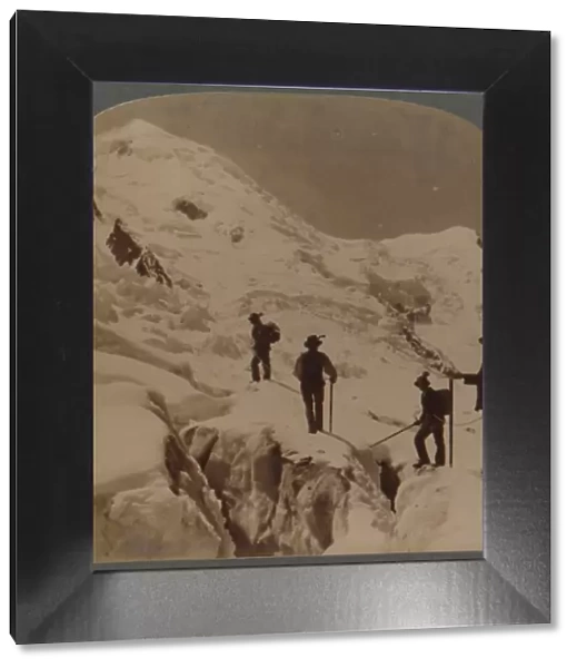 Ascent of Mt. Blanc - crossing Bossons Glacier - Grands Mulets in distance, Alps, 1901