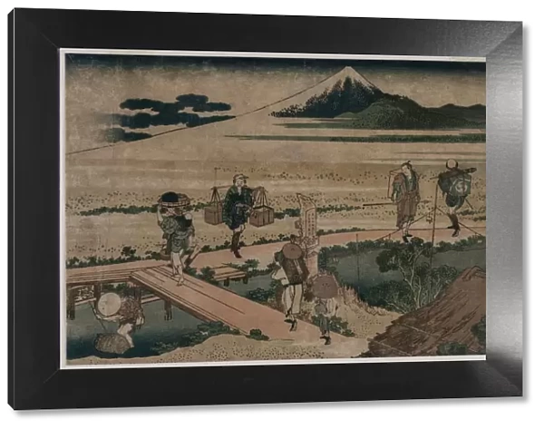 A View of Mount Fuji and Travellers by a Bridge, ca. 1835. Creator: Katsushika Hokusai (Japanese