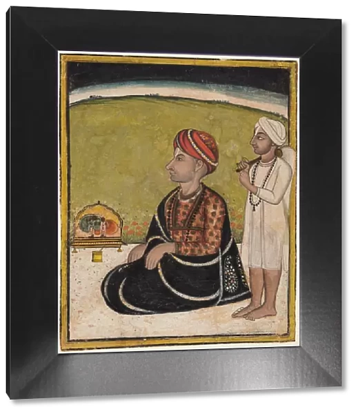 Noble seated on an outdoor parapet worshiping a shrine of Krishna fluting, c. 1800