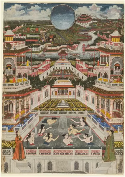 Women bathing before an architectural panorama, c. 1765. Creator: Fayzullah (Indian, active c