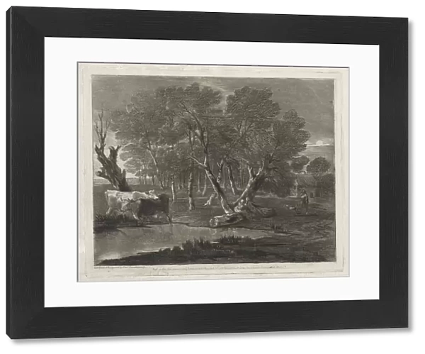Wooded Landscape with Cows beside a Pool, Figures and Cottage, published in 1797