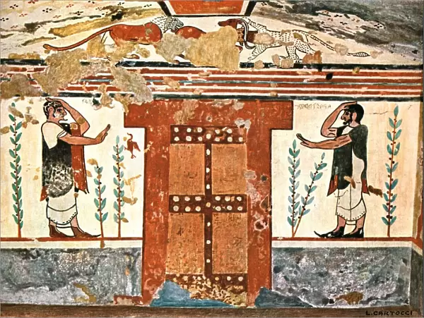 Wall in the Tomb of the Augurs (Tomba degli Auguri) at Tarquinia, Italy, (1928). Creator: Unknown