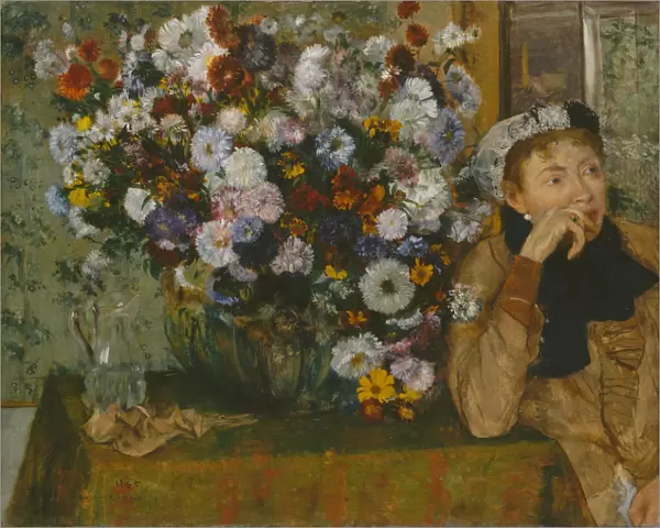 A Woman Seated beside a Vase of Flowers (Madame Paul Valpincon?), 1865. Creator: Edgar Degas