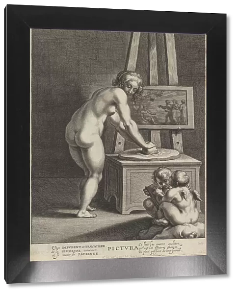 Pictura: allegory of painting, with a nude woman at center grinding pigments, two p