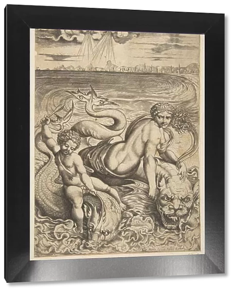 Venus and Cupid riding two sea monsters, Cupid raises an arrow in his right hand, t