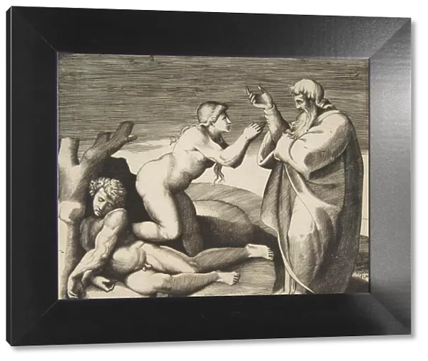 The creation of Eve who emerges from behind Adam, ca. 1530-70. Creator: Giulio Bonasone