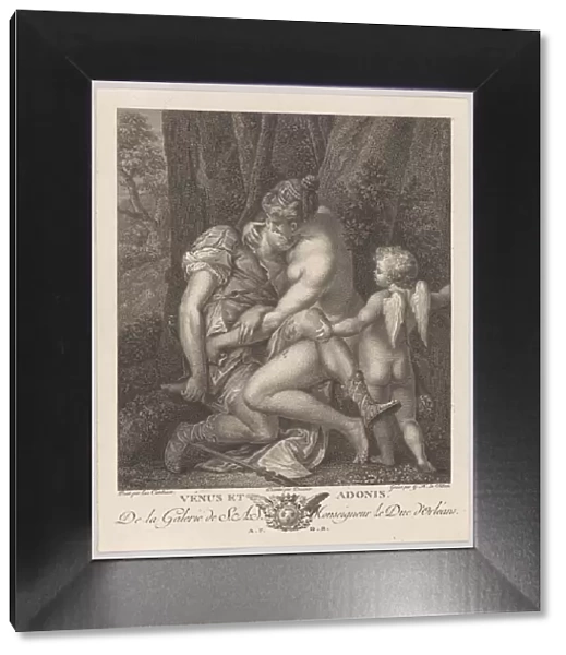 Venus mourning Adonis, seated beneath a tree and embracing him, with Cupid at right, c