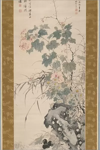 Hibiscus and Magpies, 1847. Creator: Yamamoto Baiitsu