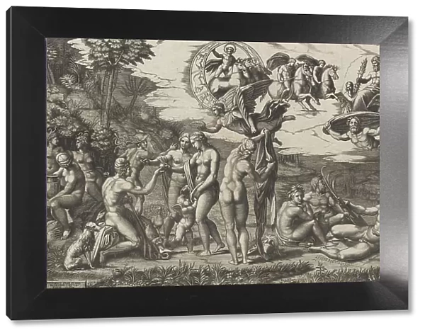 The Judgment of Paris; he is sitting at left with Venus, Juno and Pallas Athena, a... ca. 1510-20. Creator: Marcantonio Raimondi