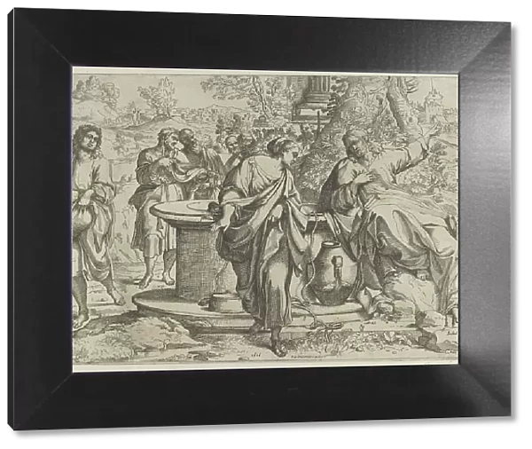 The Samaritan woman standing at the well, Christ seated next to her pointing to the right, ... 1610. Creator: Anon