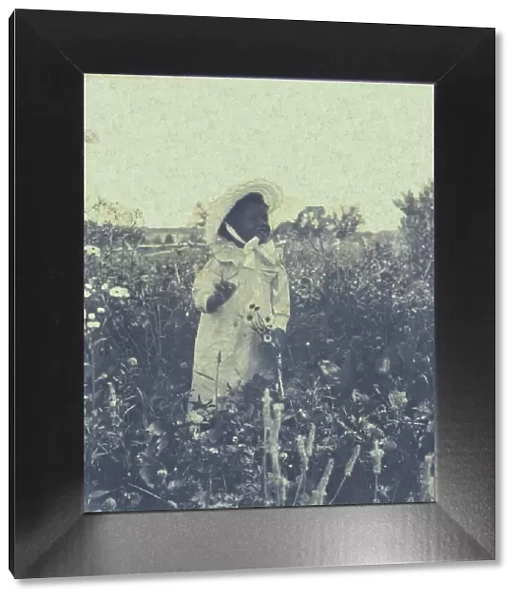 Young African-American(?) girl, wearing long dress and bonnet, standing in field holding... c1900. Creator: Unknown