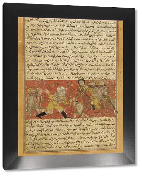 Sassanid general Wahrez killing the Ethiopian Aksumite king Masruq ibn Abraha. From Tarikhnama by Ba Creator: Anonymous