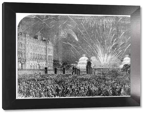 The Peace Commemoration: the Fireworks, sketched from the Mall, in St. James's Park, 1856. Creator: Unknown