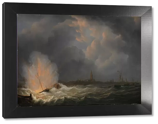 The Explosion of Gunboat nr 2, under Command of Jan van Speijk, off Antwerp, 5 February 1831, 1832. Creator: Martinus Schouman