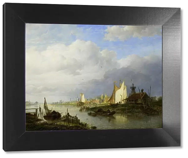 Boats on a River with a Beacon of Light, 1847. Creator: Hendrik Vettewinkel