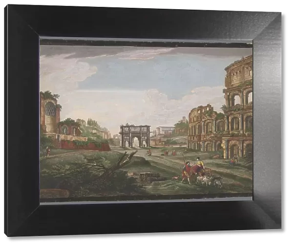 View of the ruins of the Arch of Constantine and the Colosseum in Rome, 1759. Creator: Jean Daullé
