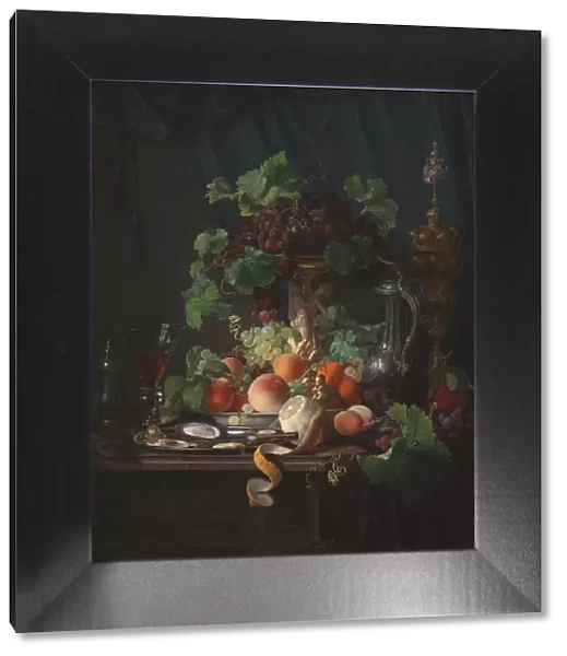 Arrangement with wine glasses, oysters, lemon and other fruits, 1848. Creator: Carl Balsgaard