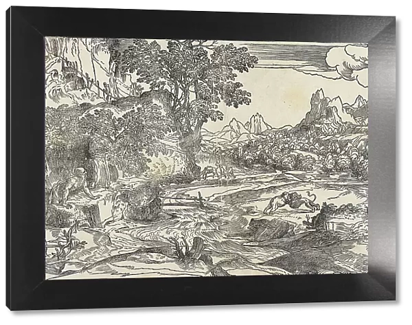 Saint Jerome in the Wilderness with Fighting Lion and Bear, between 1530 and 1535. Creator: Domenico Campagnola