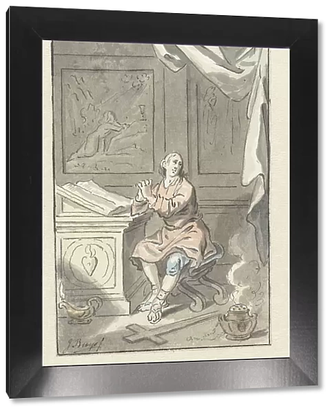 Sitting man with folded hands, before a Bible, c.1734-c.1801. Creator: Jacobus Buys