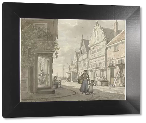 Woman and a child walk on the street in a fishing village, 1817. Creator: Johannes Jelgerhuis