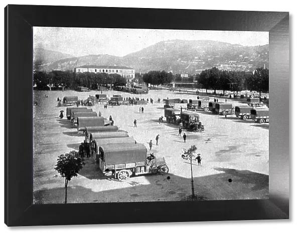 Inter-allied Support; Assembling, on the Place d'Armes in Nice, automobile trucks... 1917. Creator: Pelanda