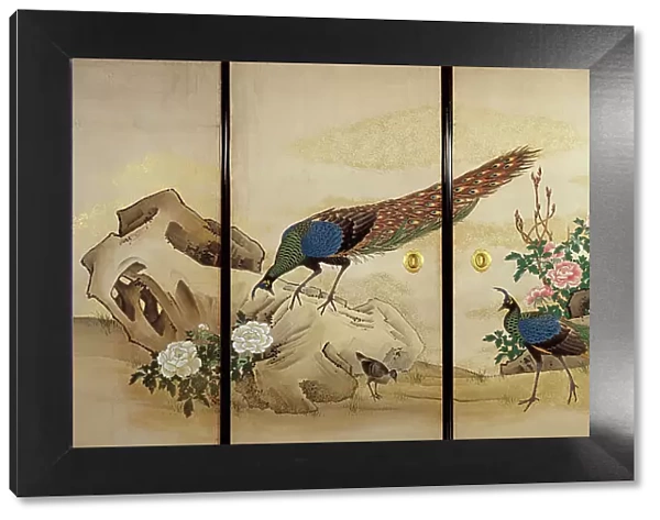 Peacock and Peahen with Chick and Peonies, c1840-50. Creator: Mori Ippô