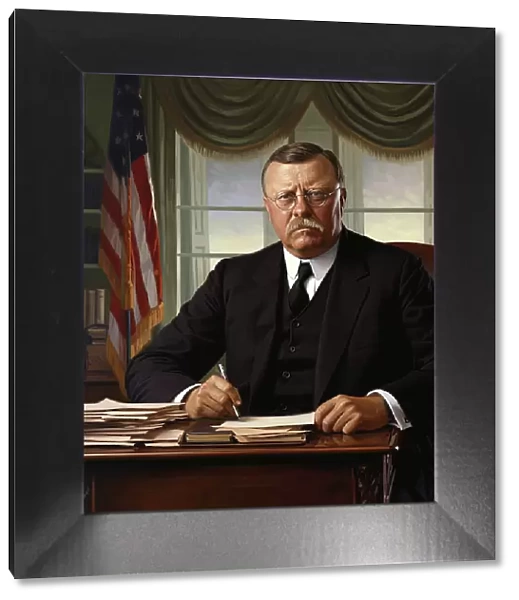 AI IMAGE - Portrait of Theodore Roosevelt sitting at his desk in the White House, 1900s, (2023). Creator: Heritage Images
