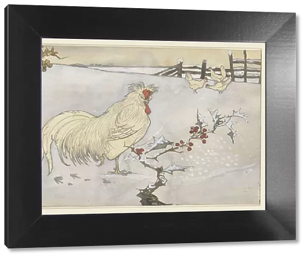 Rooster and three chickens in a snowy landscape with a branch of holly, 1906. Creator: Jan C Van der Ven