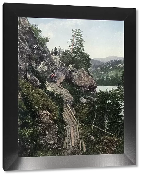 A Pack Road in the Katun River Valley near the Village of Tavda. Cliff 'Skakun'... 1911-1913. Creator: Sergei Ivanovich Borisov. A Pack Road in the Katun River Valley near the Village of Tavda. Cliff 'Skakun'... 1911-1913