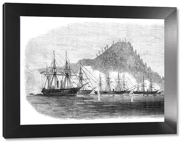 The War in Japan: the Red Battery opening fire on the corvettes, Sept. 6, 1864. Creator: Smyth