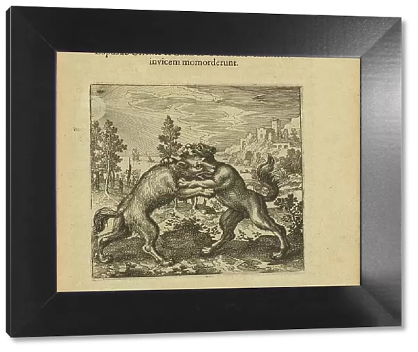 Emblem 47. The wolf coming from the staircase and the dog coming from the staircase have... 1816. Creator: Merian, Matthäus, the Elder (1593-1650)