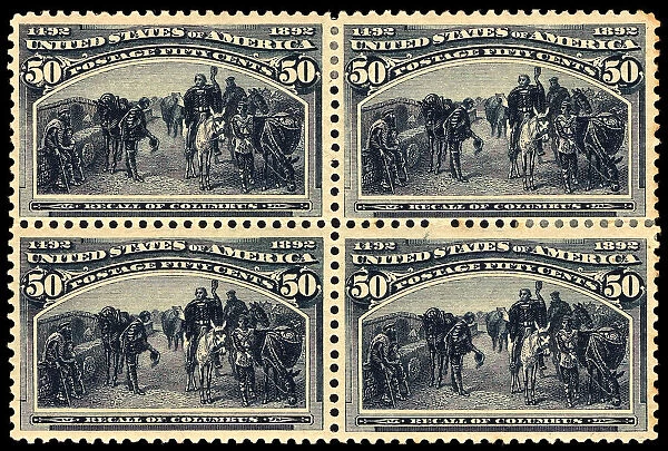 50c Recall of Columbus block of four, 1893. Creator: Unknown