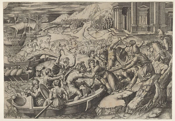 The abduction of Helen; battle scene on a shore with two men pulling Helen into a b