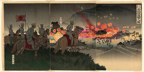 Advancing across the Ansong River at the Battle of Asan (Gazan gekisen Anjo no... Japan, 1894. Creator: Kobayashi Kiyochika)
