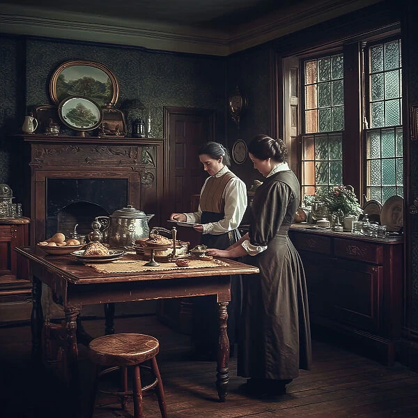 AI IMAGE - Victorian period kitchen with housekeeper and maid, 2023. Creator: Heritage Images