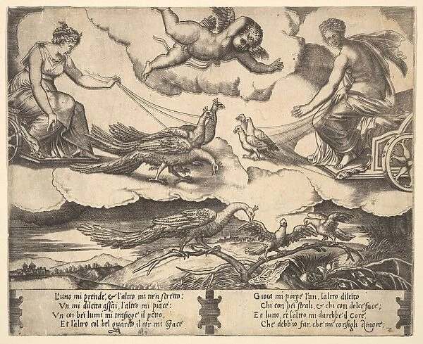 Allegory of Marriage and Love; Juno in a chariot drawn by peacocks at left, Venus in a
