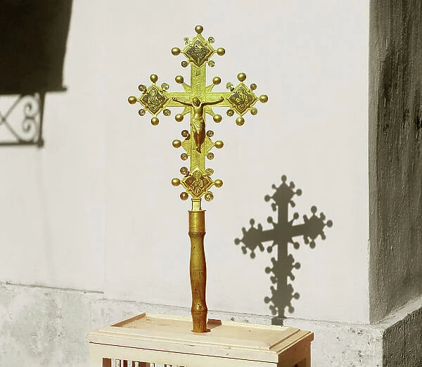 Altar cross with a rock crystal decoration; a gift from Emperor Alexander II. Borodino, 1911. Creator: Sergey Mikhaylovich Prokudin-Gorsky