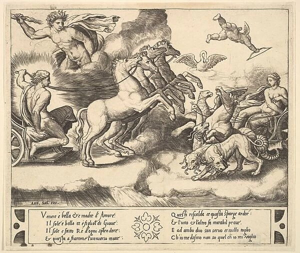 Apollo in his horse-drawn chariot at the left, above him above Jupiter hurls a thunderb