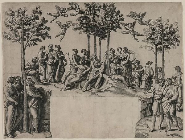 Apollo on Parnassus, c. 1517-1520. Creator: Marcantonio Raimondi (Italian, 1470  /  82-1527  /  34)