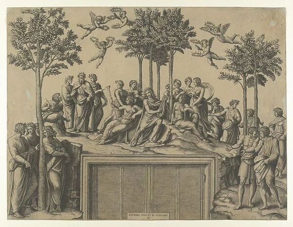 Apollo sitting on Parnassus surrounded by the muses and famous poets, ca. 1517-20. ca. 1517-20. Creator: Marcantonio Raimondi
