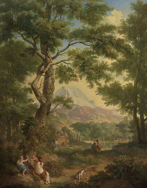 Arcadian landscape, children with a bird and a dog in left foreground, 1771. Creator: Juriaan Andriessen