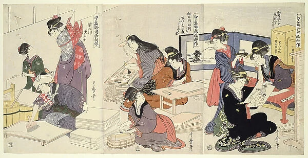 Artist, Block Carver, Applying Sizing (Eshi, hangashi, dosa-biki), from the series... About 1803. Creator: Kitagawa Utamaro