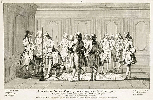 Assembly of Freemasons to initiate an apprentice, c1733