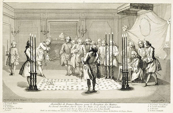 Assembly of Freemasons before the initiation of a master, c1733