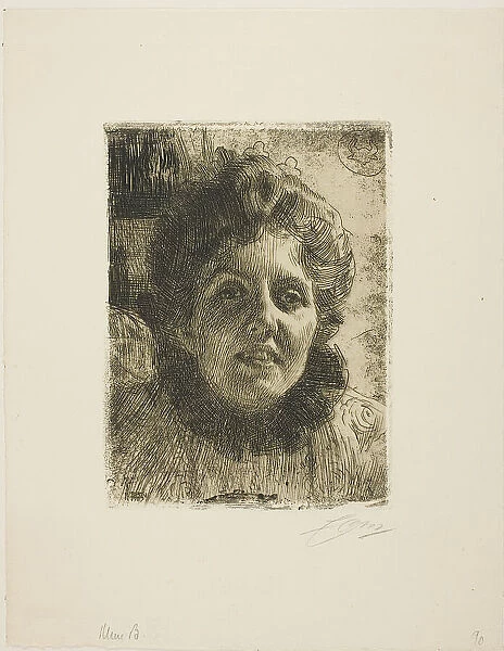 Aurore (Mrs. Aurore Klintberg, née Oxenstierna, Head), 1909. Creator: Anders Leonard Zorn