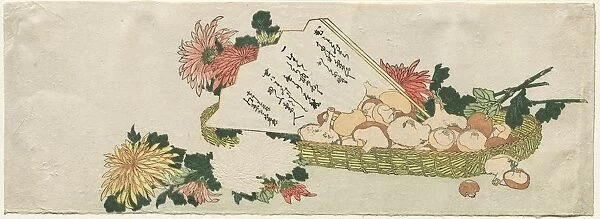 Basket with Fan, Chrysanthemums, and Mushrooms, early 1800s. Creator: Katsushika Hokusai (Japanese