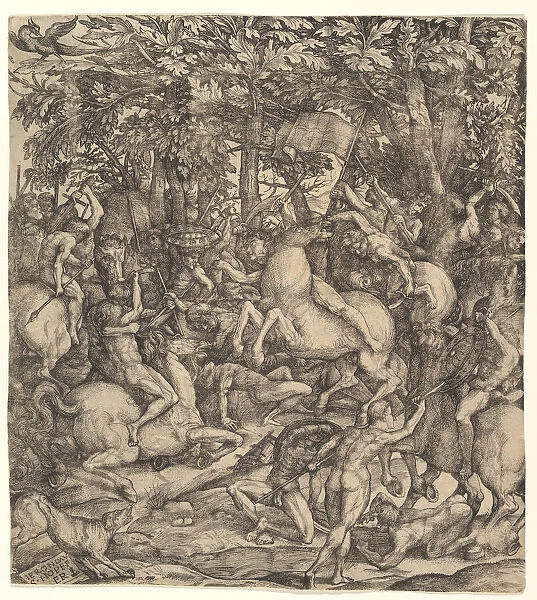 Battle between cavalry and infantry in a wood, 16th century. Creator: Hieronymus Hopfer